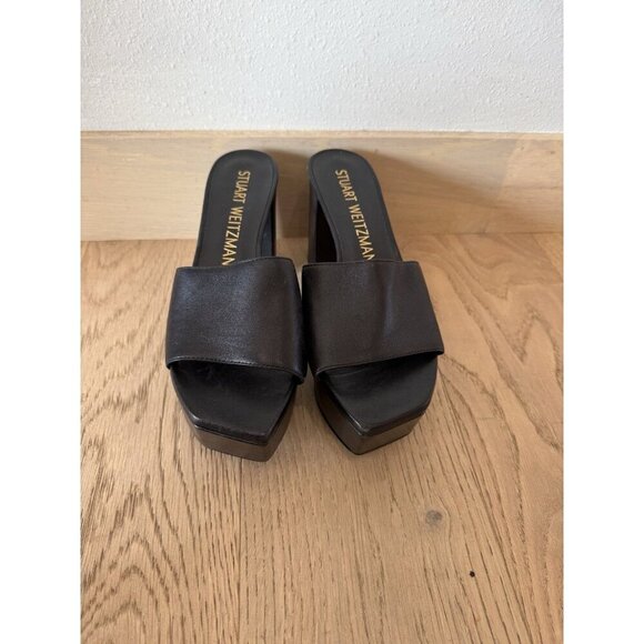 $495 Stuart Weitzman Women’s Black Leather Platform Sandals High Heels Shoes 9.5 - Picture 3 of 6